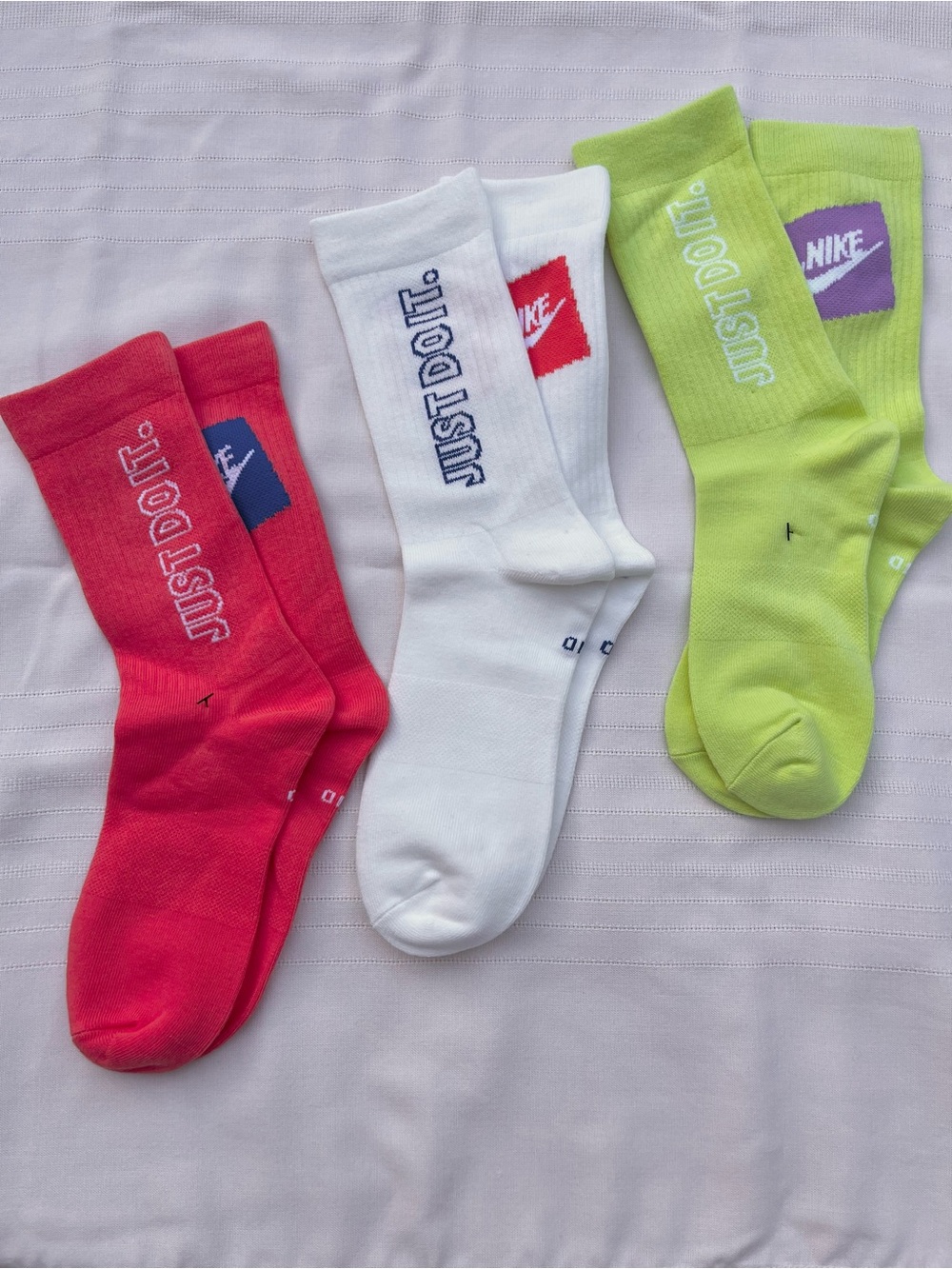 Nike Crew Socks Trio - Red, White, Lime with 'Just Do It' Branding